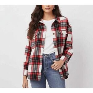 Rails Turner Plaid Wool Blend‎ Shacket Shirt Jacket Ivory Crimson Jet Womens M